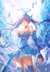 Rule 34 | 1girl, armor, armored dress, bare shoulders, black clover, blue armor, blue halo, breasts, collarbone, crown, fingerless gloves, floating hair, gloves, halo, jewelry, large breasts, long hair, looking at viewer, necklace, noelle silva, parted lips, purple eyes, silver hair, skirt, sword, thighs, tsugutoku, water, weapon, wings