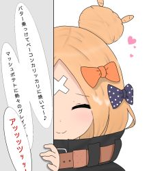 Rule 34 | 1girl, ^ ^, abigail williams (fate), abigail williams (traveling outfit) (fate), atsumisu, bad id, bad pixiv id, belt, belt buckle, black jacket, blonde hair, blush, bow, brown belt, buckle, closed eyes, closed mouth, crossed bandaids, facing viewer, fate/grand order, fate (series), hair bow, hair bun, hand up, heart, highres, jacket, official alternate costume, orange bow, parted bangs, peeking out, polka dot, polka dot bow, portrait, purple bow, simple background, single hair bun, smile, solo, translation request, white background