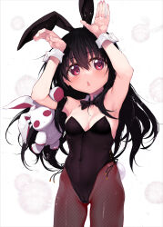 Rule 34 | 1girl, animal ears, black bow, black bowtie, black hair, black leotard, blush, bow, bowtie, breasts, commentary request, cowboy shot, detached collar, fake animal ears, fake tail, fishnet pantyhose, fishnets, highleg, highleg leotard, highres, leotard, long hair, looking at viewer, medium breasts, open mouth, original, pantyhose, playboy bunny, rabbit ears, rabbit pose, rabbit tail, red eyes, simple background, stuffed animal, stuffed rabbit, stuffed toy, suga hideo, tail, white background, wrist cuffs