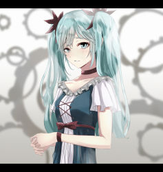 Rule 34 | 1girl, bad id, bad pixiv id, blue eyes, blue hair, blush, choker, collarbone, crying, crying with eyes open, hair ornament, hatsune miku, ka1se1, karakuri pierrot (vocaloid), letterboxed, looking at viewer, parted lips, purple ribbon, ribbon, short sleeves, solo, tears, twintails, upper body, vocaloid, wrist ribbon