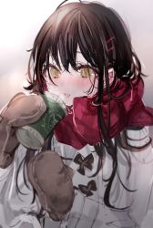 Rule 34 | 1girl, black hair, blush, brown mittens, coffee cup, cup, disposable cup, hair ornament, hairclip, holding, jacket, medium hair, mittens, nose blush, open mouth, original, red scarf, scarf, shia job, sidelocks, smile, solo, white jacket, yellow eyes