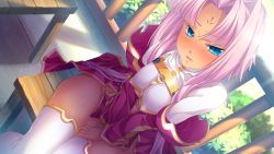 Rule 34 | 1girl, bent, between legs, blue eyes, blush, breasts, center opening, cleavage, covering privates, covering crotch, dark-skinned female, dark skin, dress, facial mark, forehead mark, game cg, hair intakes, hand between legs, have to pee, hikage eiji, koihime musou, looking at viewer, navel, no panties, outdoors, pink hair, red dress, short hair, sitting, solo, sonken, thighhighs, thighs, white thighhighs