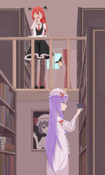 Rule 34 | 3girls, :d, :o, = =, absurdres, against glass, armband, bat wings, black armband, black dress, black footwear, black pantyhose, blonde hair, blue bow, blush, book, book stack, bookshelf, bow, braid, collared shirt, commentary request, cowboy shot, crescent, crescent hat ornament, dot nose, dress, dress shirt, fang, frilled dress, frills, from side, full body, grin, hair between eyes, hat, hat bow, hat ornament, head wings, highres, holding, holding book, juliet sleeves, kirisame marisa, koakuma, library, long hair, long sleeves, looking at viewer, looking to the side, mob cap, multiple girls, necktie, open mouth, pantyhose, patchouli knowledge, pinafore dress, pink dress, polka dot, portrait (object), puffy sleeves, purple eyes, purple hair, railing, red bow, red curtains, red eyes, red hair, red necktie, remilia scarlet, shirt, side braid, sidelocks, skin fang, sleeveless, sleeveless dress, smile, tears, touhou, v-shaped eyebrows, very long hair, voile, white shirt, window, wings, witch hat, xumouse (pixiv 20383834), yawning, yellow eyes