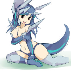Rule 34 | 1girl, ankle bands, arm grab, armor, blue footwear, blue gloves, blue hair, blue panties, blush, boots, breasts, brown eyes, cleavage, creatures (company), dialga, game freak, gen 4 pokemon, gloves, grey armor, grey thighhighs, headpiece, large breasts, legendary pokemon, long hair, looking at viewer, multicolored hair, navel, nintendo, open mouth, panties, personification, pokemon, pokemon dppt, shoulder spikes, sitting, smile, spikes, streaked hair, tail, thighhighs, underwear, white background, wristband, zettabyte