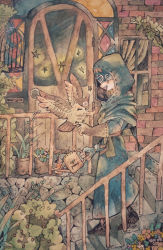 Rule 34 | 1boy, asymmetrical gloves, belt, bird, birdcage, black footwear, blue robe, bottle, brick wall, brown hair, cage, covered eyes, curtains, door, eli clark, facial mark, facing to the side, fingerless gloves, flower, flower pot, gloves, hood, identity v, leaf, leather, leather gloves, looking at animal, male focus, mask, owl, plant, railing, robe, smile, solo, stained glass, stairs, star (symbol), stone wall, uneven gloves, user wkkz4738, vines, wall, watering can, window