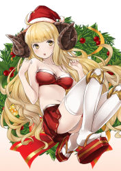 Rule 34 | 10s, 1girl, 47agdragon, :o, ahoge, anila (granblue fantasy), armor, bare shoulders, blonde hair, blunt bangs, blush, bra, breasts, brown hair, cleavage, collarbone, draph, eyebrows, granblue fantasy, hand on own shoulder, hat, highres, horns, knee pads, long hair, looking at viewer, midriff, navel, panties, parted lips, red bra, sandals, santa hat, sheep horns, simple background, skirt, solo, stomach, strapless, strapless bra, thighhighs, underwear, very long hair, white background, white panties, white thighhighs