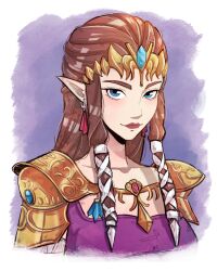 Rule 34 | 1girl, blue eyes, brown hair, collarbone, earrings, gem, hair ribbon, highres, jewelry, long hair, nintendo, pichichustudio, pointy ears, portrait, princess zelda, purple background, ribbon, shoulder plates, smile, solo, the legend of zelda, the legend of zelda: twilight princess, tress ribbon, white background