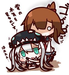 Rule 34 | 10s, 2girls, absurdres, abyssal ship, aqua eyes, blush, brown hair, folded ponytail, hat, highres, inazuma (kancolle), kantai collection, multiple girls, nuu (nu-nyu), o o, open mouth, plasma-chan (kancolle), short hair, silver hair, smile, wo-class aircraft carrier