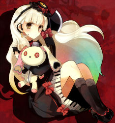 Rule 34 | 1girl, :o, axe, bad id, bad pixiv id, blonde hair, doll, elbow gloves, gloves, gothic lolita, kneehighs, lolita fashion, long hair, looking at viewer, mayu (vocaloid), piano print, red background, sawou ginga, shoes, socks, solo, stuffed animal, stuffed rabbit, stuffed toy, usano mimi, vocaloid, weapon, yume74
