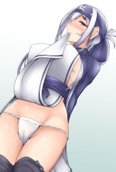 Rule 34 | 10s, 1girl, ainu clothes, bandages, black thighhighs, blue eyes, blue jacket, blush, clothes in mouth, clothes lift, cropped jacket, dress, dress in mouth, dress lift, folded ponytail, from below, fundoshi, hair between eyes, headband, jacket, japanese clothes, kamoi (kancolle), kantai collection, long hair, long sleeves, looking at viewer, ootori subaru, panties, silver hair, sleeveless, sleeveless dress, solo, thick eyebrows, thighhighs, underwear, white dress, white panties