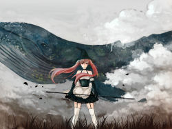 Rule 34 | 1girl, bad id, bad pixiv id, choker, cloud, fishing rod, flying whale, hat, highres, holding, kodatino, long hair, original, pink eyes, pink hair, ribbon choker, single thighhigh, solo, thighhighs, twintails, whale, wind, witch, witch hat