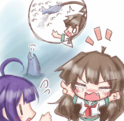 Rule 34 | 2girls, :o, = =, ^^^, ahoge, animal, blush, brown hair, burp, closed eyes, crying, eating hair, fish, flying sweatdrops, kantai collection, komakoma (magicaltale), kuma (kancolle), long hair, multiple girls, necktie, nose blush, open mouth, outstretched arms, parted lips, pointing, purple hair, red neckwear, school uniform, serafuku, shirt, short sleeves, spread arms, surprised, taigei (kancolle), tears, translated, v-shaped eyebrows, very long hair, water, wavy mouth, white shirt, | |, || ||