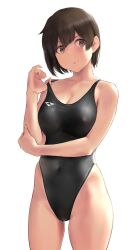 Rule 34 | 1girl, alternate costume, bare shoulders, black one-piece swimsuit, blush, breasts, brown eyes, brown hair, cleavage, collarbone, commentary, competition swimsuit, covered navel, english commentary, hair down, highleg, highleg swimsuit, highres, hiryuu (kancolle), kantai collection, large breasts, looking at viewer, one-piece swimsuit, short hair, solo, swimsuit, thighs, wa (genryusui), white background
