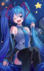 Rule 34 | 1girl, ;d, absurdres, ahoge, bare shoulders, black footwear, black skirt, black sleeves, blue eyes, blue hair, blue nails, blue necktie, boots, commentary, crossed bangs, detached sleeves, fingernails, grey shirt, hair between eyes, hair ornament, hatsune miku, headset, highres, holding, holding hair, inu8neko, long hair, looking at viewer, microphone, nail polish, necktie, one eye closed, open mouth, shirt, sitting, skirt, sleeveless, sleeveless shirt, smile, solo, star (symbol), thigh boots, twintails, very long hair, vocaloid