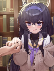 Rule 34 | 1girl, 1other, absurdres, black hair, blue archive, blue hairband, blush, book, bookshelf, cardigan, commentary, crossed bangs, ddog, hair between eyes, hair ribbon, hairband, halo, highres, holding hands, jewelry, long hair, long sleeves, low twintails, neckerchief, necklace, off shoulder, open mouth, purple eyes, purple neckerchief, ribbon, sailor collar, school uniform, serafuku, sidelocks, sleeves past wrists, solo focus, symbol-only commentary, twintails, ui (blue archive), upper body, wavy mouth, white sailor collar
