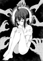 Rule 34 | 1girl, 6+others, absurdres, ahoge, black moon prophecy, folded fan, collarbone, completely nude, curled up, earrings, closed eyes, fingernails, folding fan, frown, geewhy, greyscale, hair between eyes, hand fan, highres, hoop earrings, jewelry, levi (black moon prophecy), long fingernails, medium hair, mole, mole under mouth, monochrome, multiple others, necklace, nude, original, pointy ears, reaching, sharp fingernails, toenails, veins