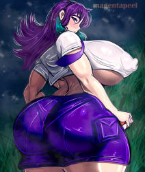 Rule 34 | 1girl, absurdres, ass, big hair, breasts, covered erect nipples, creatures (company), curvy, drawing, female focus, game freak, highres, huge ass, huge breasts, long hair, magentapeel, muscular, muscular female, nintendo, original, pokemon, puffy nipples, purple eyes, purple hair, solo, thick thighs, thighs, underboob, wide hips