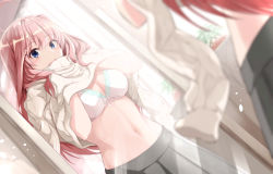 Rule 34 | 1girl, ahoge, blue eyes, blush, bra, breasts, cleavage, clothes lift, dressing, embarrassed, fuu (fuore), go-toubun no hanayome, grey skirt, hair between eyes, hair ornament, indoors, lace, lace-trimmed bra, lace trim, large breasts, long hair, looking at viewer, medium breasts, mirror, nakano itsuki, navel, open mouth, pink hair, pleated skirt, reflection, sidelocks, skirt, solo, standing, star (symbol), star hair ornament, stomach, sweater, sweater lift, turtleneck, turtleneck sweater, underwear, white bra