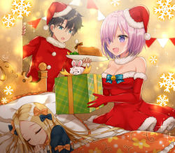 Rule 34 | 1boy, 2girls, :d, abigail williams (fate), alternate costume, bed, bell, black bow, black dress, black hair, blonde hair, blue eyes, blurry, blurry background, blush, bow, box, breasts, chicken (food), chicken leg, christmas, cleavage, closed eyes, closed mouth, commentary request, depth of field, dress, elbow gloves, eyes visible through hair, fate/grand order, fate (series), forehead, fou (fate), frilled pillow, frills, fujimaru ritsuka (male), fur-trimmed dress, fur-trimmed gloves, fur-trimmed headwear, fur-trimmed shirt, fur collar, fur trim, gift, gift box, gloves, hair between eyes, hair bow, hair over one eye, hat, holding, holding gift, holding plate, jingle bell, juliet sleeves, large breasts, long hair, long sleeves, lying, mash kyrielight, multiple girls, naomi (fantasia), on side, open mouth, orange bow, parted bangs, pennant, pillow, pink hair, plate, polka dot, polka dot bow, puffy sleeves, purple eyes, red dress, red gloves, red hat, red shirt, santa costume, santa gloves, santa hat, shirt, smile, snowflakes, strapless, strapless dress, string of flags, under covers