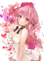 Rule 34 | 1girl, absurdres, bare arms, black bow, black bowtie, blush, bow, bowtie, breasts, brown nails, cleavage, dress, floral background, flower, from side, hair flower, hair ornament, highres, holding, holding flower, long hair, looking at viewer, looking to the side, medium breasts, nail polish, original, parted lips, pink eyes, pink flower, pink hair, puracotte, red flower, signature, solo, strapless, strapless dress, violet (flower), white dress