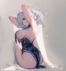 Rule 34 | arms up, azur lane, breast curtains, breasts, china dress, chinese clothes, cosplay, dress, large breasts, olys, pelvic curtain, red eyes, revealing clothes, sideboob, sirius (azur lane), sirius (azur lane) (cosplay), sirius (azure horizons) (azur lane), sitting, solo