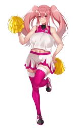 Rule 34 | 1girl, asakura kukuri, bare shoulders, blush, breasts, cheerleader, clothes writing, commentary request, crop top, crop top overhang, full body, hair between eyes, hand up, highres, holding, holding pom poms, large breasts, long hair, looking at viewer, midriff, miniskirt, navel, original, parted lips, pink eyes, pink hair, pink thighhighs, pleated skirt, pom pom (cheerleading), pom poms, shirt, shoes, sidelocks, simple background, skindentation, skirt, sleeveless, sleeveless shirt, smile, sneakers, solo, standing, standing on one leg, straddling, tachi-e, thighhighs, twintails, upright straddle, white background, white shirt, white skirt, zettai ryouiki