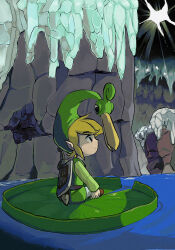 Rule 34 | 1boy, blonde hair, cave interior, ezlo, from side, green shirt, green tunic, isibatamako, lily pad, link, male focus, medium hair, nintendo, pointy ears, shield, shield on back, shirt, sitting, solo, sword, the legend of zelda, the legend of zelda: the minish cap, water, weapon, weapon on back