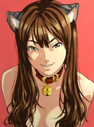 Rule 34 | 1girl, animal ears, bell, breasts, brown eyes, brown hair, cat bells, cat ears, censored, cleavage, close-up, collar, convenient censoring, grin, hair over breasts, inuyasiki69, jingle bell, long hair, medium breasts, neck bell, nude, simple background, smile, solo, wankoro mochi