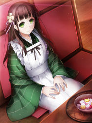 Rule 34 | 1girl, ama usa an uniform, anmitsu (dessert), apron, blunt bangs, bowl, brown hair, cafe, cherry, closed mouth, commentary request, cowboy shot, flat chest, flower, food, from above, fruit, gochuumon wa usagi desu ka?, green eyes, green kimono, hair flower, hair ornament, hands on own thighs, highres, indoors, japanese clothes, kimono, long hair, long sleeves, looking at viewer, maid, maid apron, pineapple, pink ribbon, polka dot trim, ribbon, sitting, smile, solo, striped clothes, striped kimono, table, tray, ujimatsu chiya, wa maid, white apron, white flower, wide sleeves, wooden floor, wooden table, yoshida takuma