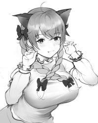 Rule 34 | 1girl, ahoge, animal ears, bow, braid, breasts, cat ears, claw pose, dobostorte, fang, fang out, greyscale, hair ribbon, highres, kaenbyou rin, large breasts, leaning forward, light smile, long sleeves, looking at viewer, monochrome, ribbon, simple background, solo, touhou, tress ribbon, twin braids, upper body, white background