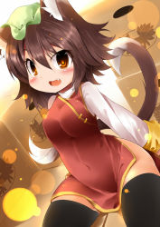 Rule 34 | 1girl, adapted costume, animal ears, black thighhighs, blush, box, brown hair, cardboard box, cat ears, cat girl, cat tail, chen, chinese clothes, fang, female focus, hat, highres, koha, open mouth, orange eyes, short hair, solo, tail, thighhighs, touhou, yamato transport