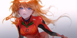Rule 34 | 1girl, artist request, bodysuit, breasts, brown hair, floating hair, gradient background, hair between eyes, hair ornament, highres, lips, long hair, looking at viewer, neon genesis evangelion, pilot suit, plugsuit, red bodysuit, shiny clothes, shiny skin, simple background, skin tight, solo, souryuu asuka langley, two side up, very long hair, wide hips