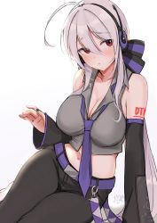 Rule 34 | 1girl, ahoge, black nails, black pants, blush, breasts, cleavage, commentary request, commission, crop top, detached sleeves, emirio (emirio110), grey shirt, headphones, highres, large breasts, long hair, low ponytail, nail polish, necktie, pants, parted lips, ponytail, purple necktie, red eyes, shirt, signature, silver hair, simple background, sitting, skeb commission, solo, very long hair, vocaloid, white background, yowane haku