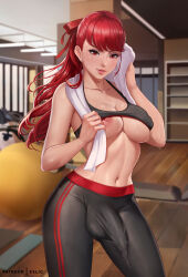 Rule 34 | 1futa, artist name, black sports bra, blurry, breasts, bulge, cleavage, clothes lift, collarbone, covered erect nipples, covered testicles, depth of field, erection, erection under clothes, exlic, futanari, gym, hair ribbon, highres, large breasts, long hair, navel, nipple slip, nipples, pants, patreon username, persona, persona 5, persona 5 the royal, pink lips, ponytail, red eyes, red hair, ribbon, solo, sports bra, sports bra lift, sweat, testicles, towel, towel around neck, underboob, watermark, wiping sweat, yoga pants, yoshizawa kasumi