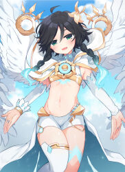 Rule 34 | 1boy, :d, ahoge, black hair, blue hair, blue sky, braid, bridal gauntlets, capelet, chest tattoo, cloud, commentary request, cowboy shot, crop top, day, feathered wings, flower, genshin impact, gold trim, gradient hair, green eyes, groin, hair between eyes, hair flower, hair ornament, hood, hood down, hooded capelet, hoshihuri, leg tattoo, light blush, looking at viewer, male focus, midriff, multicolored hair, navel, official alternate costume, open mouth, shirt, short hair with long locks, short shorts, shorts, side braids, sidelocks, single thighhigh, sky, sleeveless, sleeveless shirt, smile, solo, swept bangs, tattoo, thighhighs, twin braids, venti (archon) (genshin impact), venti (genshin impact), waist cape, white capelet, white flower, white shirt, white shorts, white thighhighs, white wings, wings