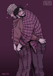 Rule 34 | 2boys, alternate costume, alternate facial hair, bad id, bad tumblr id, bara, beard, black hair, blonde hair, blush, collared shirt, couple, cris art, denim, facial hair, feet out of frame, from side, hand in another&#039;s pocket, hand on another&#039;s ass, happy, head on another&#039;s shoulder, heart, hood, hoodie, hulkling, jeans, leaning on person, male focus, marvel, multiple boys, muscular, muscular male, pants, pants rolled up, purple theme, shirt, short hair, sideburns, standing, thick eyebrows, thick mustache, wiccan, yaoi