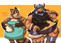 Rule 34 | 2boys, absurdres, apron, bara, beard, belly, bulge peek, character request, cooking, crossover, dark-skinned male, dark skin, dungeon meshi, dwarf, facial hair, fake horns, feet out of frame, food, fried rice, furry, furry female, helmet, highres, horned helmet, horns, long beard, looking to the side, male focus, male underwear, male underwear peek, multiple boys, muscular, muscular male, mustache, naked apron, notice lines, plump, saisio, senshi (dungeon meshi), standing, thick mustache, trait connection, underwear, very long beard, wok