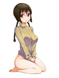 Rule 34 | 1girl, bare legs, barefoot, bottomless, braid, breasts, brown eyes, brown hair, covered erect nipples, feet, glasses, large breasts, legs, long hair, naked sweater, original, seiza, sitting, solo, sweater, thighs, torigoe takumi, twin braids, twintails, white background