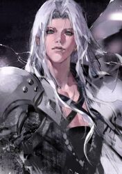 Rule 34 | 1boy, aqua eyes, armor, black background, black coat, chest strap, coat, final fantasy, final fantasy vii, final fantasy vii rebirth, final fantasy vii remake, grey hair, highres, long bangs, long hair, looking at viewer, male focus, parted bangs, parted lips, sephiroth, shoulder armor, slit pupils, solo, tequilafunk, upper body, wavy hair