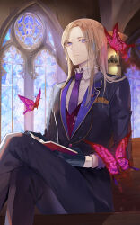 Rule 34 | 1boy, black gloves, black jacket, black pants, black suit, book, brown hair, bug, bungou to alchemist, butterfly, church, closed mouth, collared shirt, crossed legs, feet out of frame, formal, fuyuomi, gloves, half gloves, holding, holding book, indoors, insect, jacket, lapel pin, lapels, long hair, looking at viewer, lowres, male focus, mole, mole under eye, necktie, notched lapels, official art, open book, pants, parted bangs, pew, pillar, pocket square, purple eyes, purple necktie, reading, red butterfly, red vest, shirt, sitting, solo, stained glass, suit, third-party source, vest, white shirt, yumeno kyuusaku (bungou to alchemist)