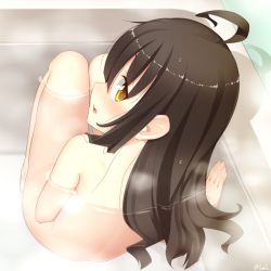 Rule 34 | 10s, 1girl, ahoge, akai ronii, back, bad id, bad pixiv id, bath, black hair, blush, brown eyes, from behind, kantai collection, legs together, long hair, looking back, mikazuki (kancolle), nude, sitting, solo, twitter username