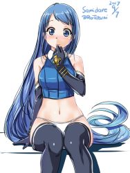 Rule 34 | 10s, 1girl, ahoge, alternate costume, blue eyes, blue hair, character name, cowboy shot, dated, elbow gloves, gloves, gradient hair, hand on own chin, kantai collection, long hair, looking at viewer, midriff, multicolored hair, navel, panties, samidare (kancolle), sitting, solo, swept bangs, tatsumi ray, twitter username, underwear, very long hair, white background, white panties, wide hips