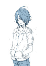 Rule 34 | 1boy, araragi koyomi, blue theme, closed mouth, collarbone, cowboy shot, drawstring, expressionless, hair over one eye, hands in pocket, jacket, kouji (campus life), looking at viewer, male focus, monochrome, monogatari (series), pants, short sleeves, simple background, solo, standing, white background, zipper
