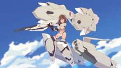 Rule 34 | 1girl, alice gear aegis, black gloves, blue sky, blurry, blurry background, breasts, brown hair, cleavage, cloud, cloudy sky, commentary request, dark-skinned female, dark skin, day, depth of field, flying, gloves, green eyes, gun, hair between eyes, highres, holding, holding gun, holding weapon, kaneshiya sitara, large breasts, maze (gochama ze gohan), mecha musume, navel, outdoors, sky, solo, thighhighs, weapon