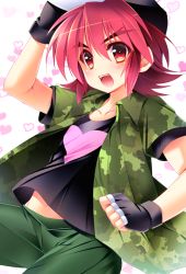 Rule 34 | &gt;:d, 1boy, :d, bad id, bad pixiv id, blush, brown eyes, camouflage, collarbone, fingerless gloves, gloves, hat, heart, kakeru-kun, male focus, open mouth, pop&#039;n music, red eyes, red hair, riko (kujira215), short hair, simple background, smile, solo, standing, v-shaped eyebrows, white background