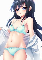 Rule 34 | 1girl, absurdres, asashio (kancolle), black hair, blue bra, blue eyes, blue panties, bra, collarbone, commentary request, cowboy shot, dress shirt, flat chest, groin, highres, kantai collection, lips, long hair, looking at viewer, makura (y makura), navel, open clothes, open shirt, panties, shirt, simple background, solo, underwear, white background