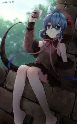 Rule 34 | 1girl, adapted costume, blue eyes, blue hair, bow, bowtie, brown shirt, cellphone, commentary request, detached sleeves, geta, highres, hood, hood up, kemono friends, lace trim, nanana (nanana iz), phone, pink bow, pink bowtie, shirt, short hair, sidelocks, sitting, smartphone, snake tail, solo, tail, tsuchinoko (kemono friends)