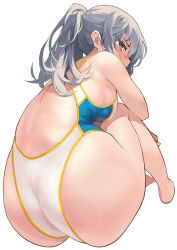 Rule 34 | 1girl, ass, back, blush, breasts, competition swimsuit, green eyes, grey hair, highleg, highleg swimsuit, highres, kekemotsu, long hair, looking at viewer, looking back, medium breasts, one-piece swimsuit, original, ponytail, solo, squatting, swimsuit, white one-piece swimsuit