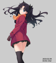 Rule 34 | 1girl, artist name, bad id, bad pixiv id, black bow, black hair, black skirt, black thighhighs, blue eyes, blush, bow, brown gloves, closed mouth, coat, commentary request, dated, fate/stay night, fate (series), feet out of frame, from behind, gloves, hair bow, long hair, long sleeves, looking at viewer, looking back, miniskirt, orange scarf, parted bangs, red coat, scarf, skirt, smile, solo, standing, tabata hisayuki, thighhighs, tohsaka rin, two side up, winter clothes, winter coat, zettai ryouiki