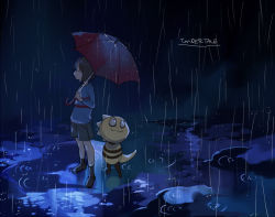 Rule 34 | 1boy, 1other, androgynous, black footwear, black hair, black shorts, boots, closed eyes, closed mouth, copyright name, dark, frisk (undertale), holding, holding umbrella, kyouichi, legs apart, long sleeves, looking away, looking up, monster kid (undertale), profile, puddle, rain, shared umbrella, shirt, short hair, shorts, smile, standing, striped clothes, striped shirt, umbrella, undertale